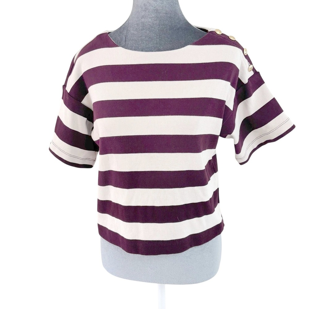 Ann Taylor Weekend Burgundy Cream Striped Boatneck Preppy Gold Button Tee XS